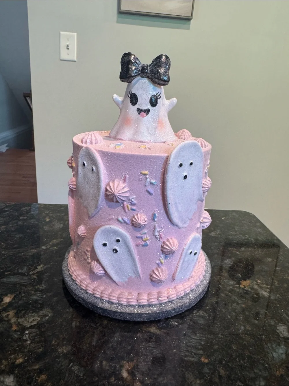 Pink Faux Cake Ghost Girl Topper Halloween Pastel Goth Decor Black Bow NEW 7”